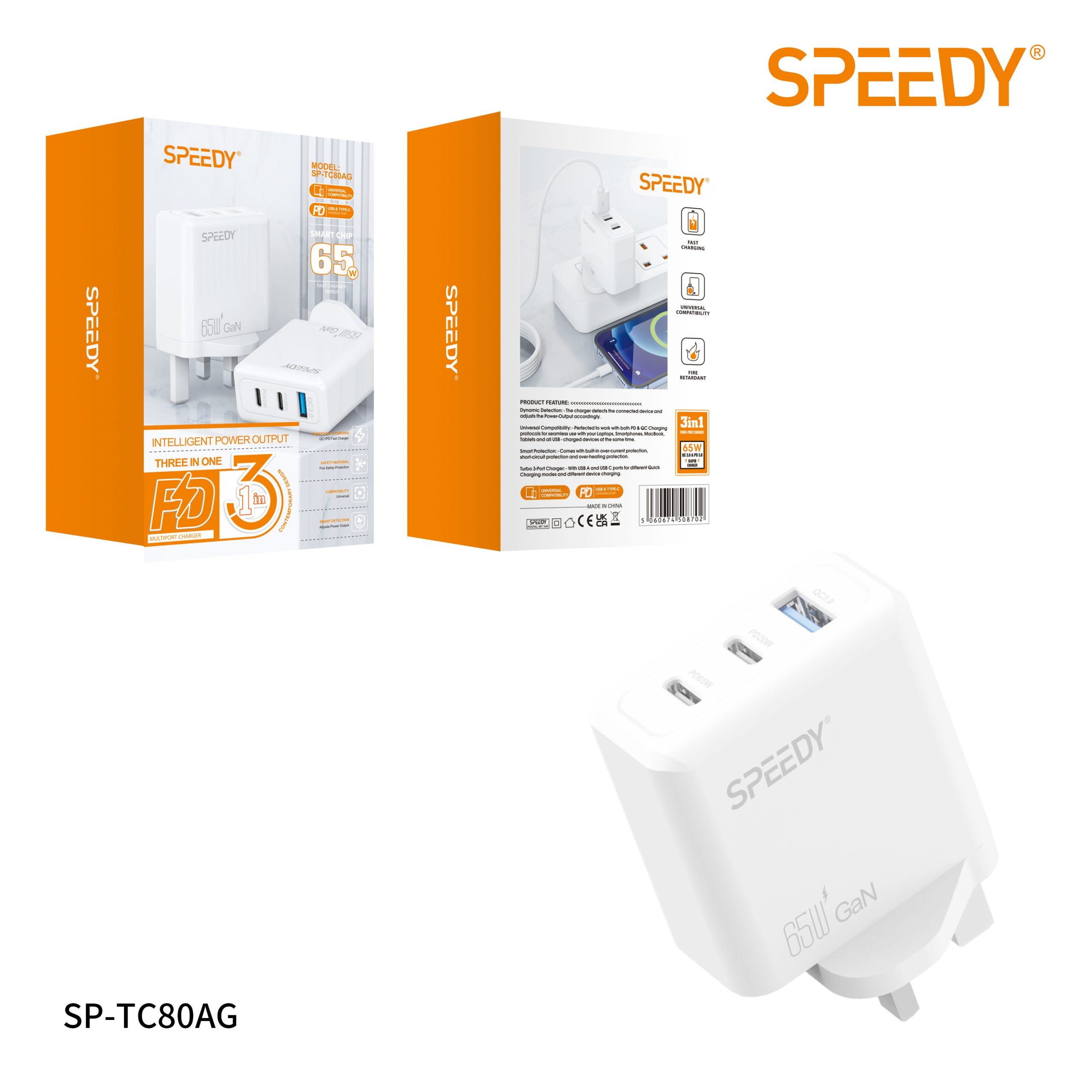 SPEEDY® SP-TC80AG 65W GaN Charger USB & Type-C 3 in 1 Multi Port Charger Plug